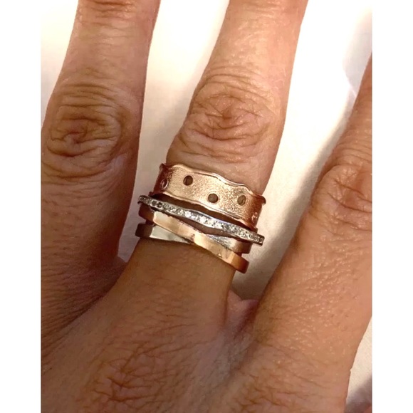 NEW Rose Gold & Silver Colored 2-Tone Multilayer Wide Ring - Picture 5 of 9